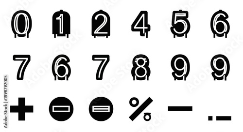 Distressed numbers, grunge digits, vector icons, math symbols