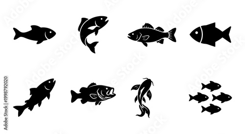Photos Diverse Fish Silhouettes Collection, Aquatic Life Icons Set, Marine Animal Vecto