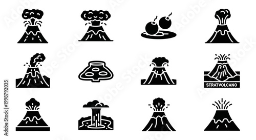 Volcano, eruption, explosion icons, black silhouette, vector graphics, 12 volcanic symbols