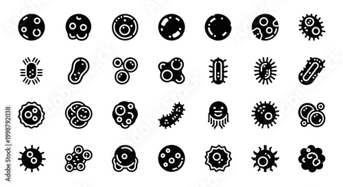 Virus, bacteria, microbe, germ icons, 25 black and white vector graphics, microbiology symbols, disease pathogens