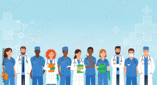 Diverse and dedicated team of healthcare professionals, including doctors and nurses, standing together in scrubs and lab coats, representing medical unity and essential services