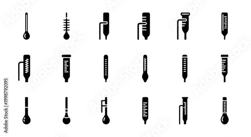 Mascara, makeup brushes, cosmetics icons, black vector set