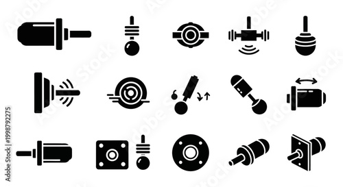Black and white audio equipment icons, sound and music symbols, 20 vector graphics, sound effects and playback signs