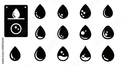 Black water drop icons, droplet symbols, liquid signs, 13-piece vector set