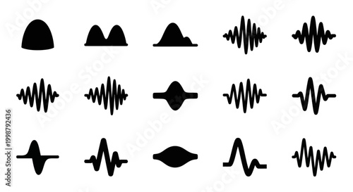 Sound wave icons, audio waveform symbols, black vector graphics, sound pattern illustrations, music elements