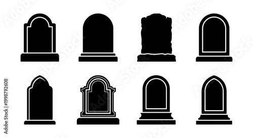 Quadro su tela Grave Marker Icons Set, Tombstone Silhouettes Collection, Cemetery Headstone Vec
