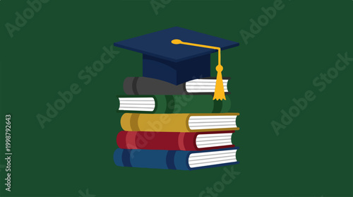Graduation cap resting on a stack of colorful academic books.