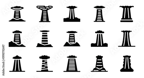 Screw, bolt, and nail icons, 16 black and white vector graphics, industrial hardware symbols, fastener collection