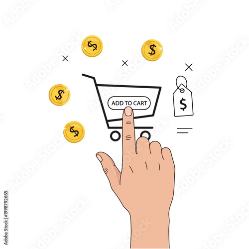 Hand clicking 'Add to Cart' button on shopping cart with coins and price tag, online shopping concept