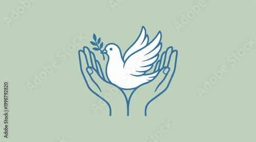 Hands holding a white dove with olive branch symbol of peace.