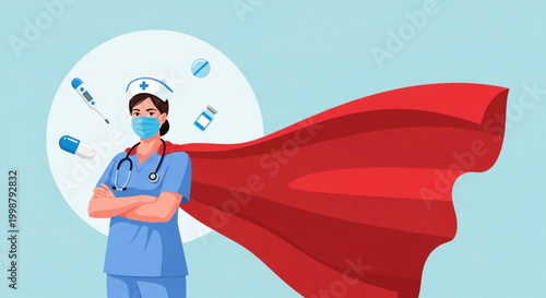 Empowered female nurse superhero standing proudly with essential medical instruments, a symbol of healthcare courage and dedication on the front lines
