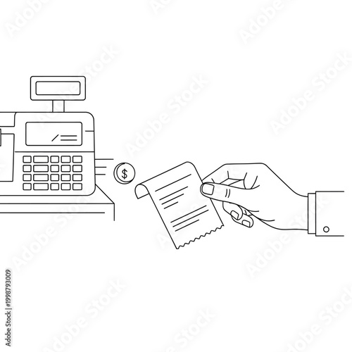 Hand holding receipt and coin near cash register, illustration