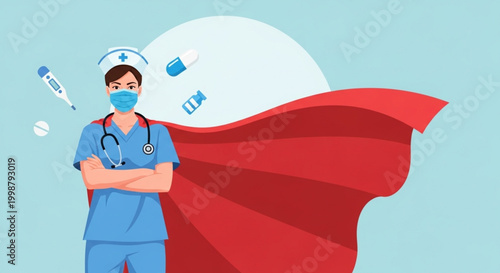 Healthcare heroes wearing superhero capes and masks, symbolizing their bravery and dedication during challenging times
