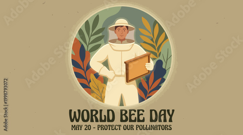 World Bee Day Poster with Beekeeper and Tropical Foliage