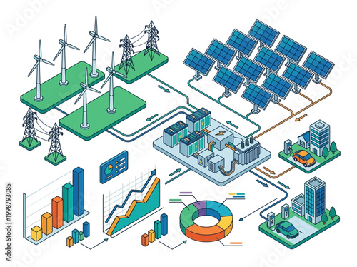 Renewable energy sources power industrial complex with solar panels and wind turbines generating electricity.