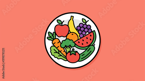 Illustration of a plate filled with fresh fruits and vegetables.