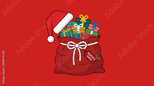 Illustration of a Santa Claus sack filled with colorful Christmas gifts.