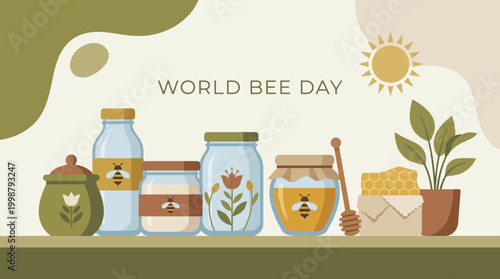 World Bee Day Flat Vector Illustration with Honey Jars