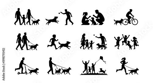 Family and Pet Silhouettes: Diverse Outdoor Activities, 12 Vector Icons for Lifestyle and Recreation