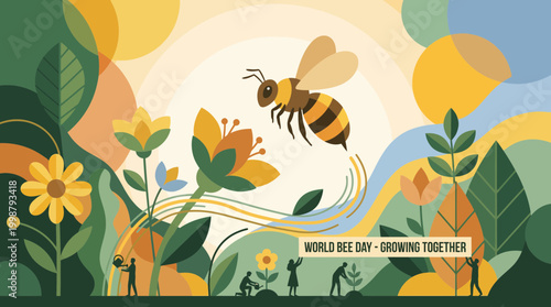 World Bee Day Illustration with Honeybee and Gardening Silhouettes