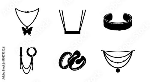 Foto Elegant Jewelry Icons Set, Vector Graphics Collection of Necklaces, Bracelets, a