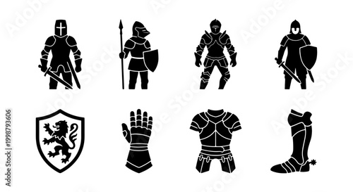 Photos Medieval Knight Armor Icons Set, Warrior Soldier Silhouette Collection, Historic