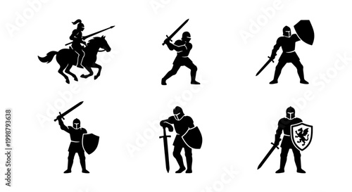 Fotografía Medieval Knights Collection: Warrior Silhouettes on Horseback and on Foot, Sword