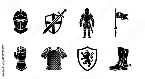 Tableau sur toile Medieval Knight Armor Icons Set, Medieval Warrior Equipment Vector Graphics, His