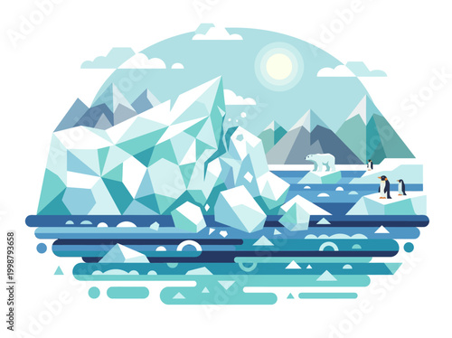 A polar landscape with icebergs floating in the ocean near penguins and a polar bear under a sunny sky with mountains.