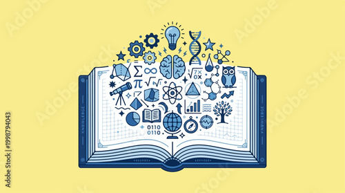 Open book with floating science and education icons illustration.
