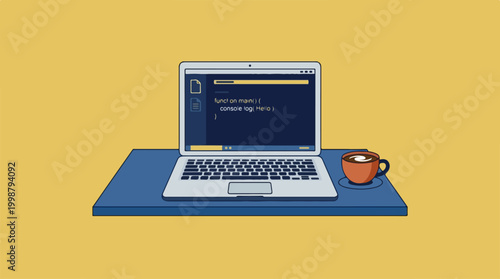 Open laptop with programming code displayed on a desk.