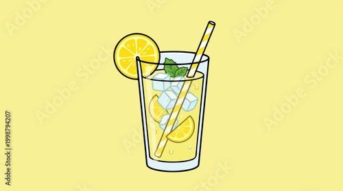 Refreshing glass of cold lemonade with ice and lemon slices.