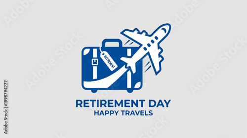 Retirement Day concept with suitcase and airplane icon design.