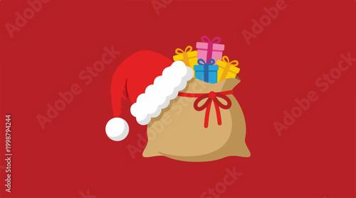 Santa Claus sack full of Christmas gifts with red hat.