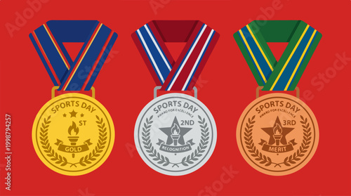 Set of gold silver and bronze sports day winner medals.