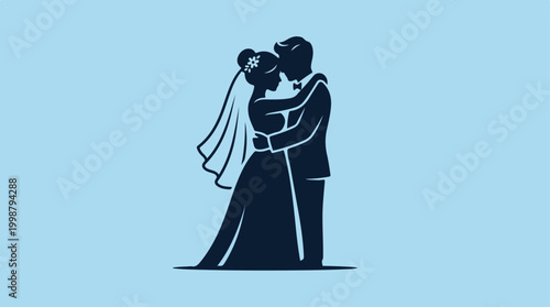 Silhouette of a loving bride and groom standing together on a light blue background.