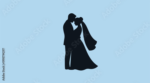 Silhouette of a romantic bride and groom embracing on a blue background.