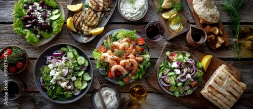 Panel kuchenny z motywem Assorted Fresh Mediterranean Salads and Grilled Dishes on Rustic Table