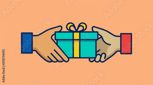 Two hands exchanging a blue gift box with yellow ribbon.
