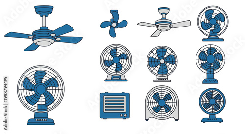 Collection of various electric fans including ceiling, desk, and portable models