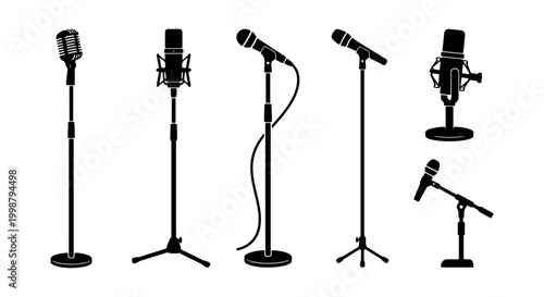 Quadro su tela Retro Microphone Collection, Vintage Studio Equipment Set, Classic Audio Recordi