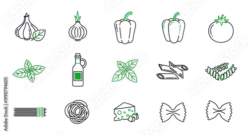 Italian Food Icons: Garlic, Onion, Pepper, Tomato, Basil, Olive Oil, Pasta, Cheese