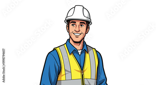 Smiling construction worker in hard hat and safety vest confident professional ready for industrial job clear