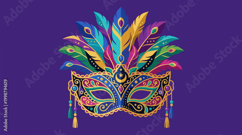 Vibrant Mardi Gras Masquerade Mask with Colorful Feathers.