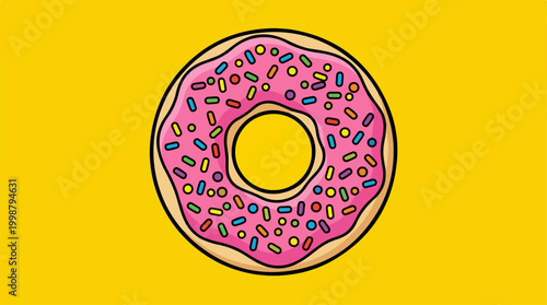 Vibrant Pink Glazed Donut with Colorful Sprinkles on Yellow Background.