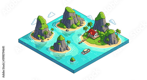 Isometric tropical island archipelago with lush green vegetation rocky mountains sandy beaches and a small house