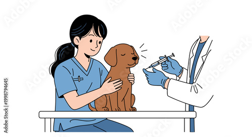 Veterinary doctor administering injection to a scared small brown dog while nurse comforts the animal on examination