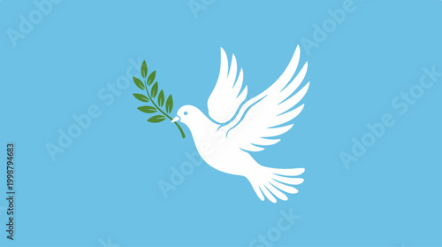 White dove flying with green olive branch symbol of peace.