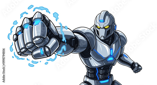 Futuristic armored robot warrior delivering a powerful glowing energy punch with electric blue sparks flying outwards