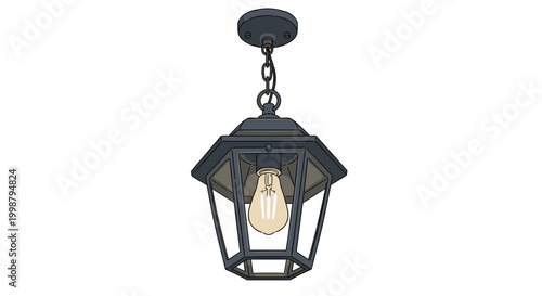 Classic black outdoor hanging lantern with edison bulb illuminating a warm glow against a clean white background